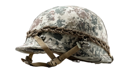 Modern military combat helmet with camouflage cover and chin strap isolated symbolizing defense protection army equipment security gear on white background