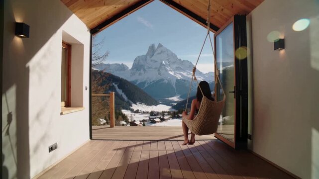 Young woman relaxing on a cozy swing chair inside a luxury mountain chalet, peacefully admiring the stunning panoramic view of the snow covered italian dolomites on a bright, sunny day