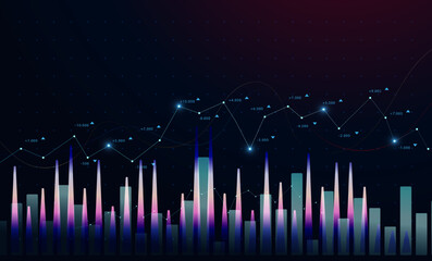The technology Financial chart with stock price bars and graph lines for trade analysis and profit tracking. Stock market graph showing index movement, financial data