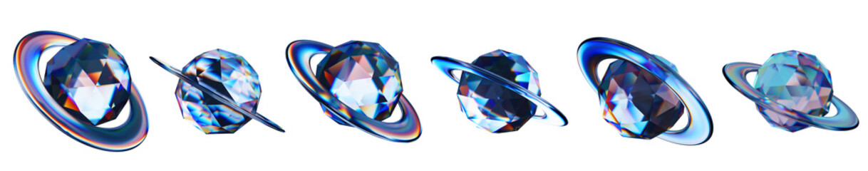 Set of 3d transparent glossy planet with dispersion effect. Rainbow colors reflection glass. 3d glass retro with crystal dispersion effect. Abstract glassy Saturn planet with prism holographic © Lidia