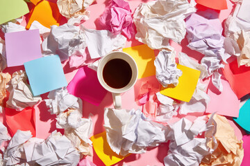 Mental burnout conceptual image showing cup of coffee surrounded by crumpled paper and colorful sticky notes on pink background symbolizing stress and creative exhaustion