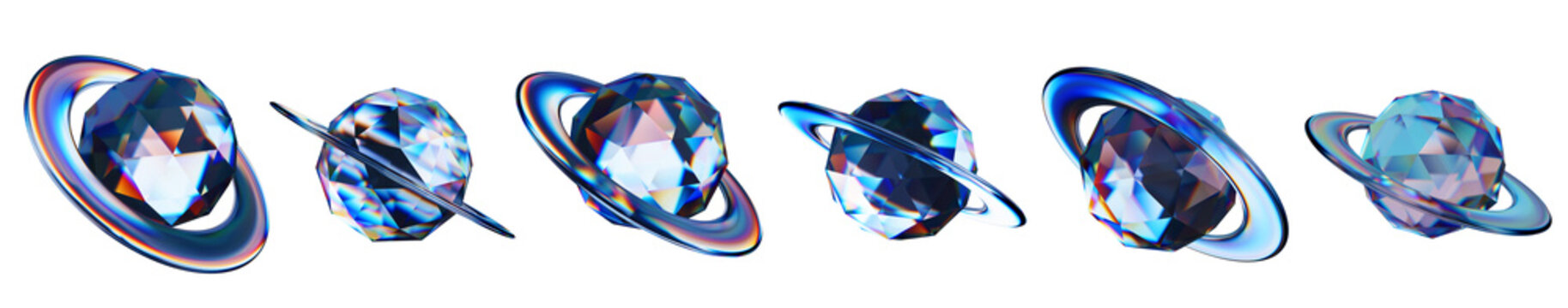 Set of 3d transparent glossy planet with dispersion effect. Rainbow colors reflection glass. 3d glass retro with crystal dispersion effect. Abstract glassy Saturn planet with prism holographic