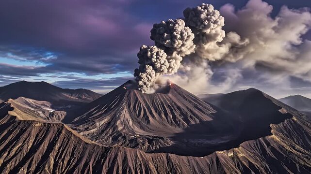 Mount Bromo Volcano Eruption Scenery at Magnificent Sunrise in Bromo Tengger Semeru