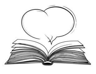 An open book below a sketched heart-shaped speech bubble