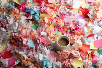 Mental burnout conceptual image with coffee cup surrounded by colorful crumpled paper and sticky notes symbolizing stress overload and creative exhaustion in office work