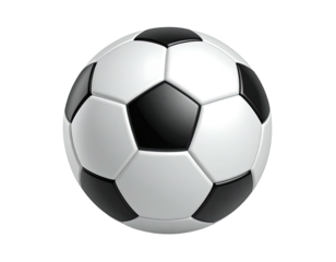 A photorealistic soccer ball, white and black pentagonal panels, on black