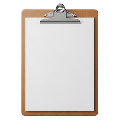 A brown clipboard with a blank white paper isolated on transparent background