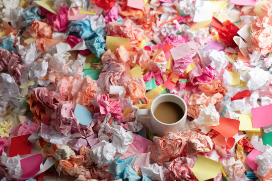 Mental burnout conceptual image with coffee cup surrounded by colorful crumpled paper and sticky notes symbolizing stress overload and creative exhaustion in office work - Powered by Adobe