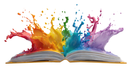 Open book with vibrant colorful paint splashes symbolizing creativity imagination education art learning concept isolated illustration on white background