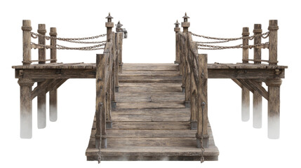 Naklejka premium Old wooden pier bridge with rope railings representing rustic harbor dock pathway construction isolated object for design use on white background