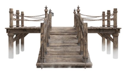 Old wooden pier bridge with rope railings representing rustic harbor dock pathway construction isolated object for design use on white background