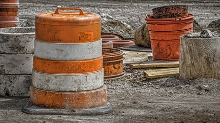 Road construction scene with stacked orange and white safety barrels, debris, and raw materials on a gray, overcast day