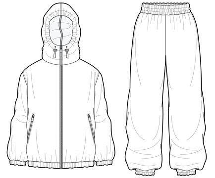 waterproof raincoat set for men and women rain jacket and trouser fashion flat sketch vector illustration