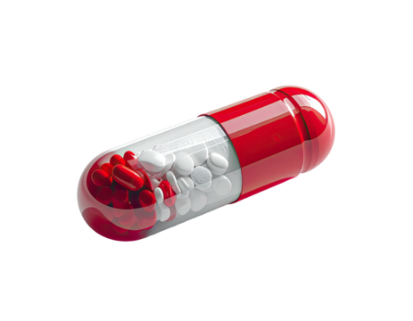 Close-up of a transparent capsule filled with small red and white pills - Powered by Adobe