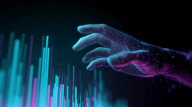 Futuristic digital hand reaching toward glowing data bars, business analytics, growth, performance metrics and AI driven strategy concept illustration