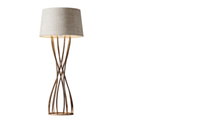 Modern floor lamp with fabric lampshade and decorative metal stand for interior home lighting decor isolated on white background