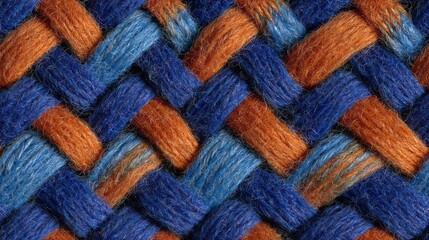 Fototapeta premium Interwoven strands of blue and orange yarn create a textured, patterned background.