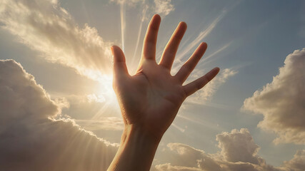 Hand reaching towards sunlight through clouds in a serene sky