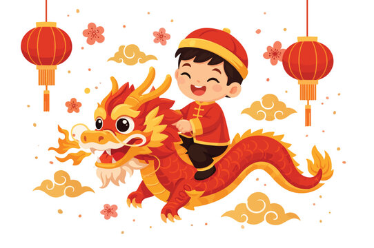 Cute Flat Chibi Character Riding Dragon for Lunar New Year Celebration