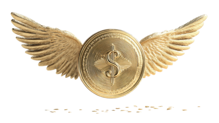 Golden coin with wings symbolizing financial freedom wealth success fast money growth investment concept isolated for business use on white background