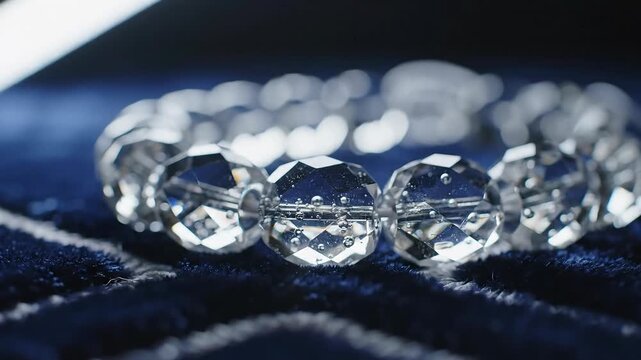 Sparkling Crystal Bracelet on Dark Blue Fabric Showcasing Light's Reflection and Elegant Design