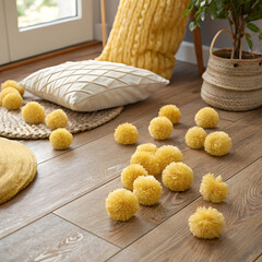 golden pompoms on a wooden floor