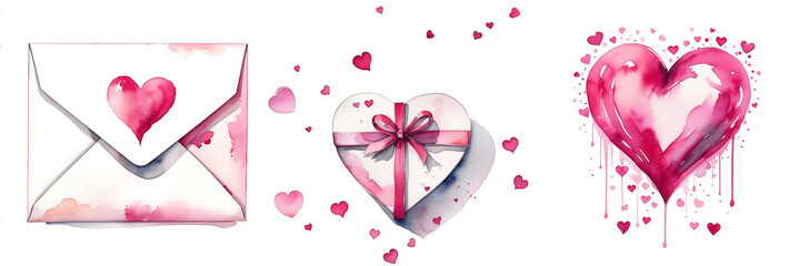 Watercolor illustration of love-themed elements with hearts and gifts