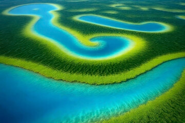 Aerial view of winding river with vibrant green and blue water patterns