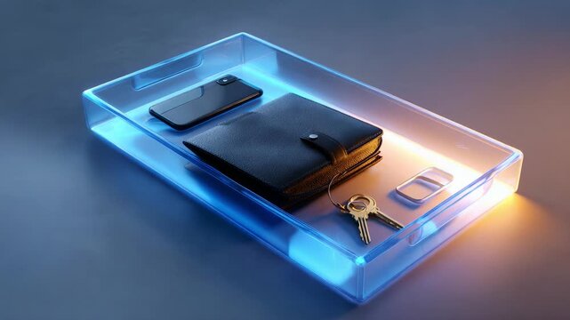 A sleek, modern transparent tray showcasing essential items including a stylish black wallet, smartphone, and keys, illuminated with dynamic lighting to enhance the visual appeal.