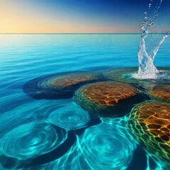 Water splashing over smooth stones in tranquil blue ocean setting