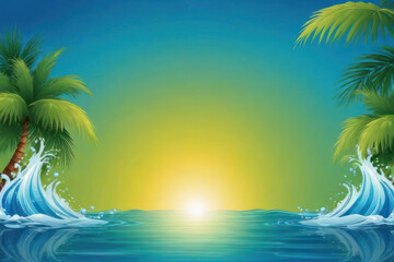 Tropical beach scene with palm trees and sunset reflection on water