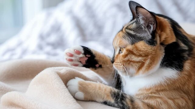 Curious tortoiseshell cat washing paws in cozy indoor room