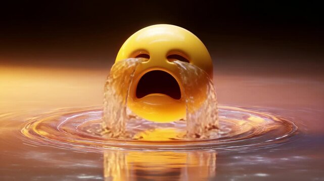 A deeply expressive emoji with a sad face, shedding tears that transform into flowing water, creating waves in a tranquil yet emotional atmosphere, highlighting feelings of sorrow and despair.