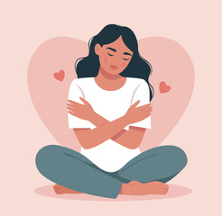 Vector illustration of a woman in a seated position, hugging herself with her eyes closed, calm, taking care of herself. Self-love, emotional well-being. For mental health, psychology projects