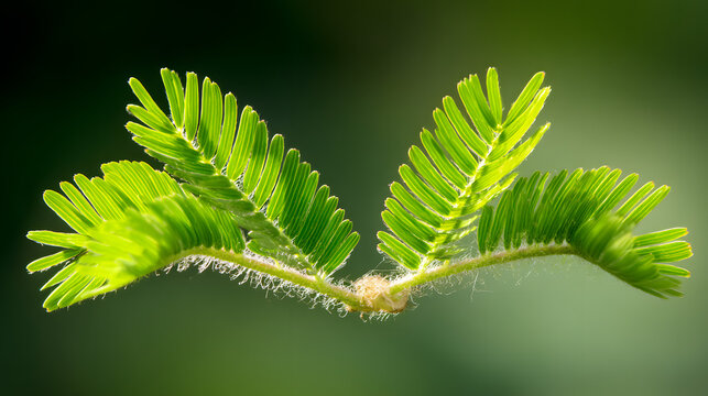 pudica. Mimosa pudica leaves folding closed, macro detail in daylight. gardening catalogs, home-decor guides, designed for home decor and floral branding, used by social media managers.