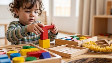 Child builds with colorful blocks in a playroom during the afternoon, focusing on stacking shapes and developing fine motor skills