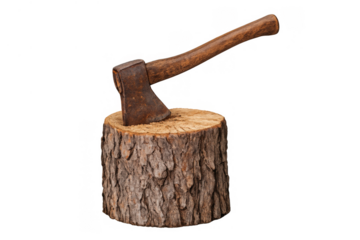 Rusty chopping axe embedded in a tree stump, representing lumberjack work and cutting firewood, transparent background