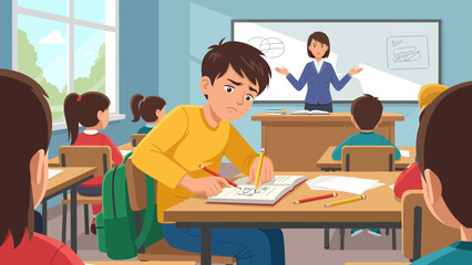 Fototapeta premium Stressed Student Struggling with Math Problems in Classroom Setting.