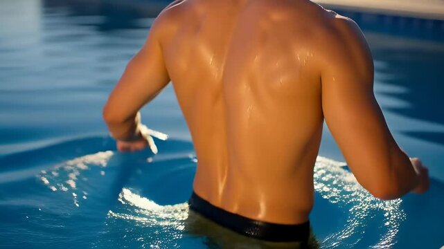 Man with wet muscular torso standing by the swimming pool. Athletic male body after a swim for healthy lifestyle and fitness concept.	