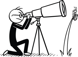 Man Observing Through Telescope with Insect Nearby.