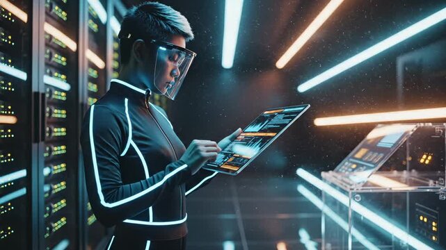 Woman uses holographic tablet in futuristic server room. Tech worker with face shield operates digital tablet. Woman analyzes data on holographic tablet. Futuristic datacenter with woman using tablet.