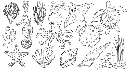 Hand drawn marine doodle set with sea animals and ocean elements in black outline style. Includes turtle, octopus, stingray, puffer fish, seahorse, starfish, seashells, seaweed and bubbles. Minimalist