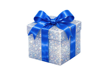 Obraz premium Sparkling silver gift box with blue ribbon, celebrating special occasion, birthday present, holiday surprise