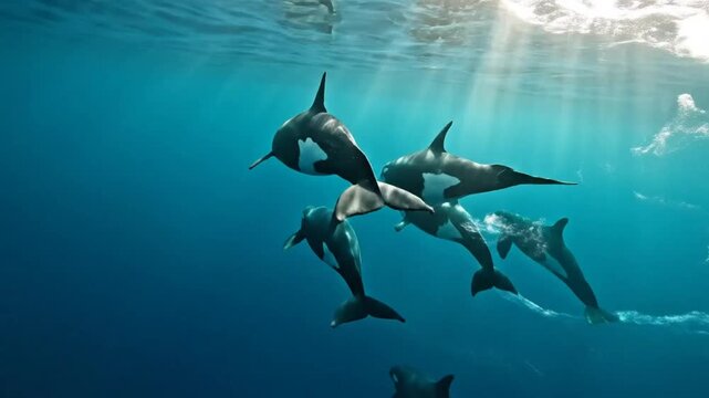 Graceful pod of orca whales swimming gracefully underwater creating a stunning aquatic display in crystal clear waters