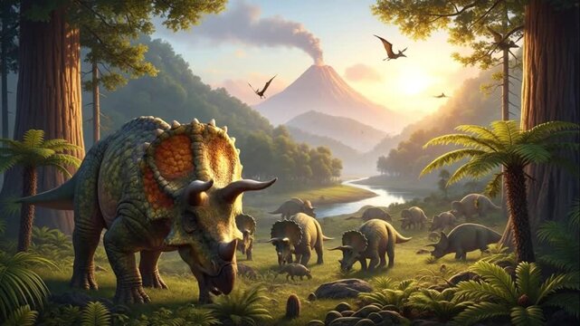 Triceratops Herd in Prehistoric Forest near Volcano at Sunset