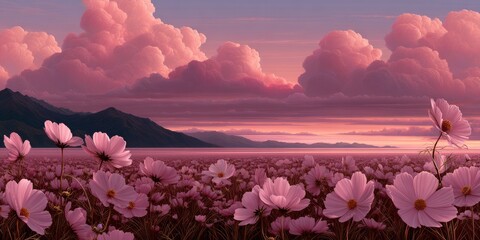 Cosmos flowers bloom at sunset near the mountains