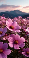 Pink cosmos flowers bloom in a field at sunset