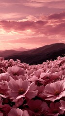 Pink cosmos flowers bloom in a field at sunset near mountains