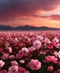 Pink cosmos flowers bloom during sunset in a field