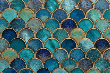 intricate mosaic pattern of iridescent teal blue and green scalloped tiles